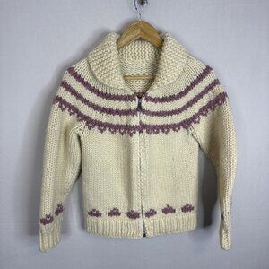 Hand Knit Wool Zip Cardigan‎ Sweater Cream Purple Fair Isle Collared Women XS